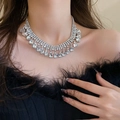 Elegant multi-layer silver necklace with sparkling rhinestones and layered crystals - 14# Necklace-Silver