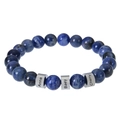 Close-up of blue tiger eye stone bracelet with personalized engraved silver cylinders - Blue Sodalite / Single Name