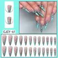 Tiffany blue and nude stiletto fake nails with delicate pink cherry blossom patterns - CJCY-61 Blue Nude Sakura