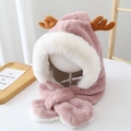Pink winter plush baby hooded scarf with cute brown deer antlers and warm faux fur lining - Thickened / Pink