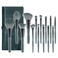 13-teiliges dunkelgrünes Make-up-Pinsel-Set mit passender Ledertasche für Profis - 14-teiliges Set (Mit PU-Tasche)