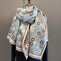 Detail of light blue vintage floral scarf with brown patterns and elegant fringe tassels - 65*185cm / Blue
