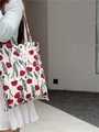 Bloemige canvas draagtas in gebroken wit met rood papaverpatroon en geweven labeldetail - Rode Roos