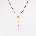 Dettaglio della collana rosario con grani sfaccettati viola scuro e medaglia oro - Viola scuro
