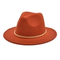 Detail of rust red wool jazz hat with elegant gold band and classic teardrop crown - M (56-58cm) / Caramel color
