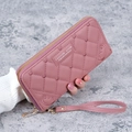 Pink long quilted wallet with gold zipper and wristlet strap in Korean style - Deep Pink