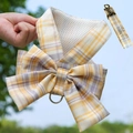 Yellow and purple plaid pet harness with large bow tie and breathable mesh lining - Yellow White Plaid