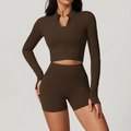 Ensemble de yoga marron foncé pour femme avec veste zippée et short taille haute - 10/M / Hauts / Café