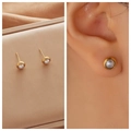 Detailed view of pearl earrings with gold-plated edges on model and in jewelry box - 2# 6mm Bezel Pearl