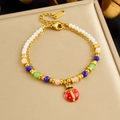 Rainbow beaded double-layer bracelet with ladybug charm on gold metallic base - Double Layer Ladybug Beaded Style (B1851)