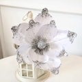 Elegant white velvet Christmas flower decoration with silver glitter edges for festive decor - Silver White