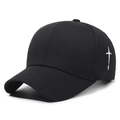 Classic black cotton baseball cap with white cross embroidery and curved brim for sun protection - Adjustable / Black With White Embroidery