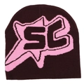 Hip-hop style dark brown knitted beanie with pink jacquard SC letter pattern - Coffee