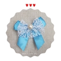 Blue ribbon bow accessory with white lace layers and a central white pearl detail - Sapphire Blue