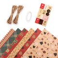 Vintage Christmas kraft wrapping paper set with ribbons, tape and stickers for DIY gift box - Deluxe Set (6 Sheets + Accessories)