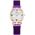Detail of purple Milanese mesh strap and rose gold watch case with crystal diamond dial - Purple