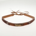 Bohemian style brown leather belt with colorful weaving, beads and golden feather - 56-58cm / Brown Woven Thread Gold Feather Decorative Band (AB44)