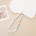 Handmade beaded phone charm with white pearls and colorful heart beads for security - Pearl Heart Style