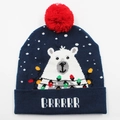 Dark blue LED knitted Christmas hat with polar bear design and red fluffy pompom - Hat Style 44 (Dark Blue Polar Bear)