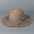 Close-up of raffia straw sun hat with blue denim frayed edge and bow detail - M(56-58cm) / Gray