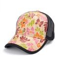 Detail of straw woven baseball cap featuring floral prints and breathable black mesh. - Adjustable / Floral Style A