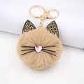 Portachiavi gatto in peluche leopardato con cuore di paillettes e anello dorato - Cachi