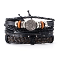 Mehrlagiges Lederarmband mit Vintage-Metallschild und Punk-Perlen-Details - Schwarz