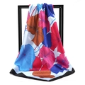 Artistic floral printed satin square scarf featuring blue and orange flower patterns - Summer Lotus White Base Rose Blue (SD90-27-3)