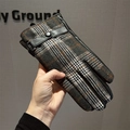 Men's winter gloves featuring brown plaid fabric and leather patchwork with buckle detail - S075 White Grey Plaid With Leather Buckle