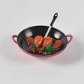 Miniature dollhouse cooking set featuring braised chicken wings in a red wok with spoon - Duck