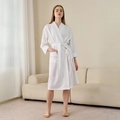 White waffle weave knee-length bathrobe for women with tie-waist and front pockets - White (Women's)