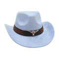 Light blue faux suede Western cowboy hat with brown leather band and silver bull head - Light Blue