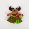 Christmas reindeer plush gift bag with Merry Christmas embroidery and green felt skirt - Elk Style