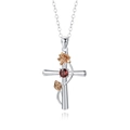 Silver S925 cross necklace with red gemstone and rose gold flower pendant detail - Cross July Lotus