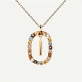 Gold-plated necklace with oval pendant featuring multi-colored zircons and gold bar - Gold I