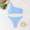 Sky blue textured one-shoulder bikini set with high-cut bottoms on a plush background - S / Sky Blue