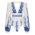 Detail of V-neck long sleeve swimsuit with blue floral print and open back design - S / One-Piece Swimsuit