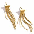 18K gold plated stainless steel chain tassel earrings with minimalist T-bar design - Chain Tassel T-Bar Drop Earrings / Gold
