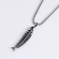Vintage industrial style stainless steel fish bone pendant necklace with box chain - Silver-tone (With 60cm Chain)