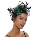 Elegant black mesh fascinator with green feathers and floral accent for weddings - Dark Green