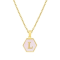 Hexagon gold stainless steel necklace with light pink inlay and letter L pendant - Pink Shell L