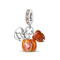Macro detail of 925 silver charms featuring pumpkin, autumn leaf, and give thanks heart - PAC1376-Give Thanks Pumpkin Heart Leaf Dangle