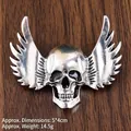 Vintage silver winged skull brooch pin for suits with black enamel finish and retro details - Antique Silver Skull Angel (XZ25149)