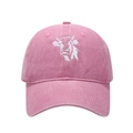 Detail of pink washed cotton denim baseball cap with white cow embroidery on the front - Adjustable / Pink