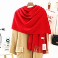 Thick red cashmere scarf with tassels styled on a camel wool coat for winter - Bulky Yarn Style / 200x70cm / Red