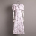Detail of white floral summer dress featuring V-neckline and retro puff sleeves design - S / White
