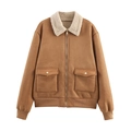 Women's brown faux suede bomber jacket with shearling collar and zipper closure - XS / Earthy Yellow