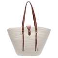 Bohemian off-white woven straw tote bag with brown leather handles and fringe detail - White
