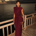 Sleepless wine red sleeveless maxi dress with twisted waist detail on a sunset terrace - S / Burgundy