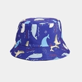 Close-up of blue reversible bucket hat with cartoon whale print and swimming time text - Cartoon Whale Print (8# Color)